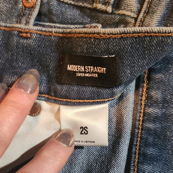 Express Blue Straight Leg Jeans with Distressed Knee - Picture 3 of 5